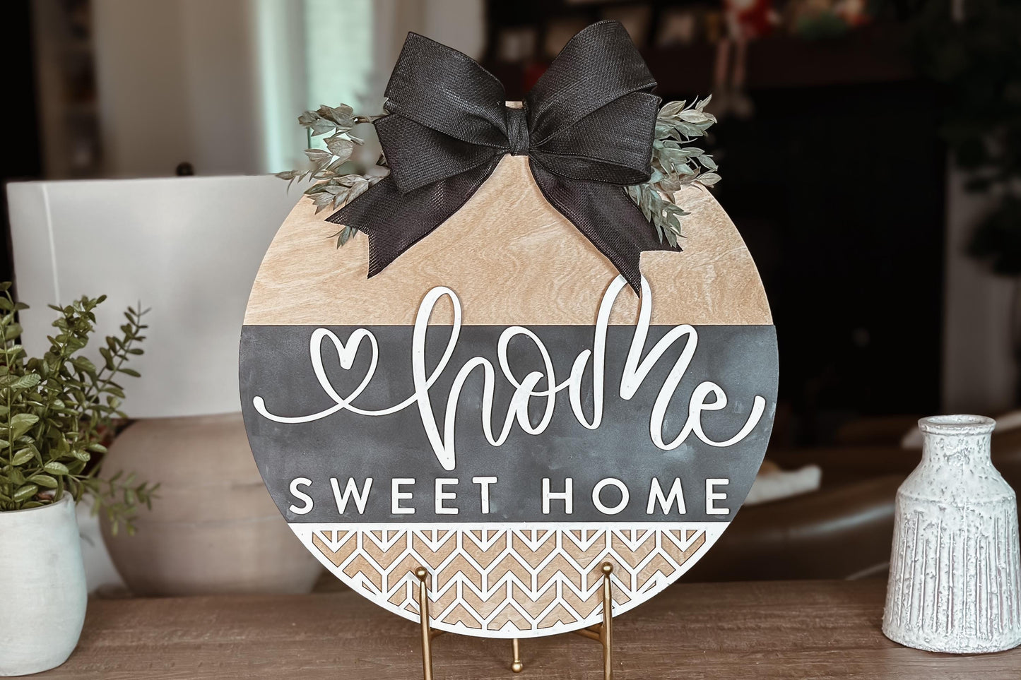 Home Sweet Home Round Door Hanger SVG, Modern Farmhouse Laser File, Layered Wood Sign Design for Glowforge and Xtool | Geometric Sign SVG