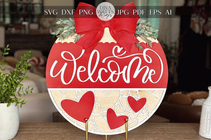 Welcome Sign SVG File, Heart Door Hanger Laser Cut Design, Round Valentine Door Sign, Love SVG for Glowforge, Xtool, Laser Cut File