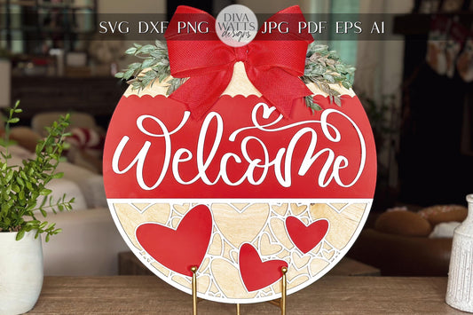 Welcome Sign SVG File, Heart Door Hanger Laser Cut Design, Round Valentine Door Sign, Love SVG for Glowforge, Xtool, Laser Cut File