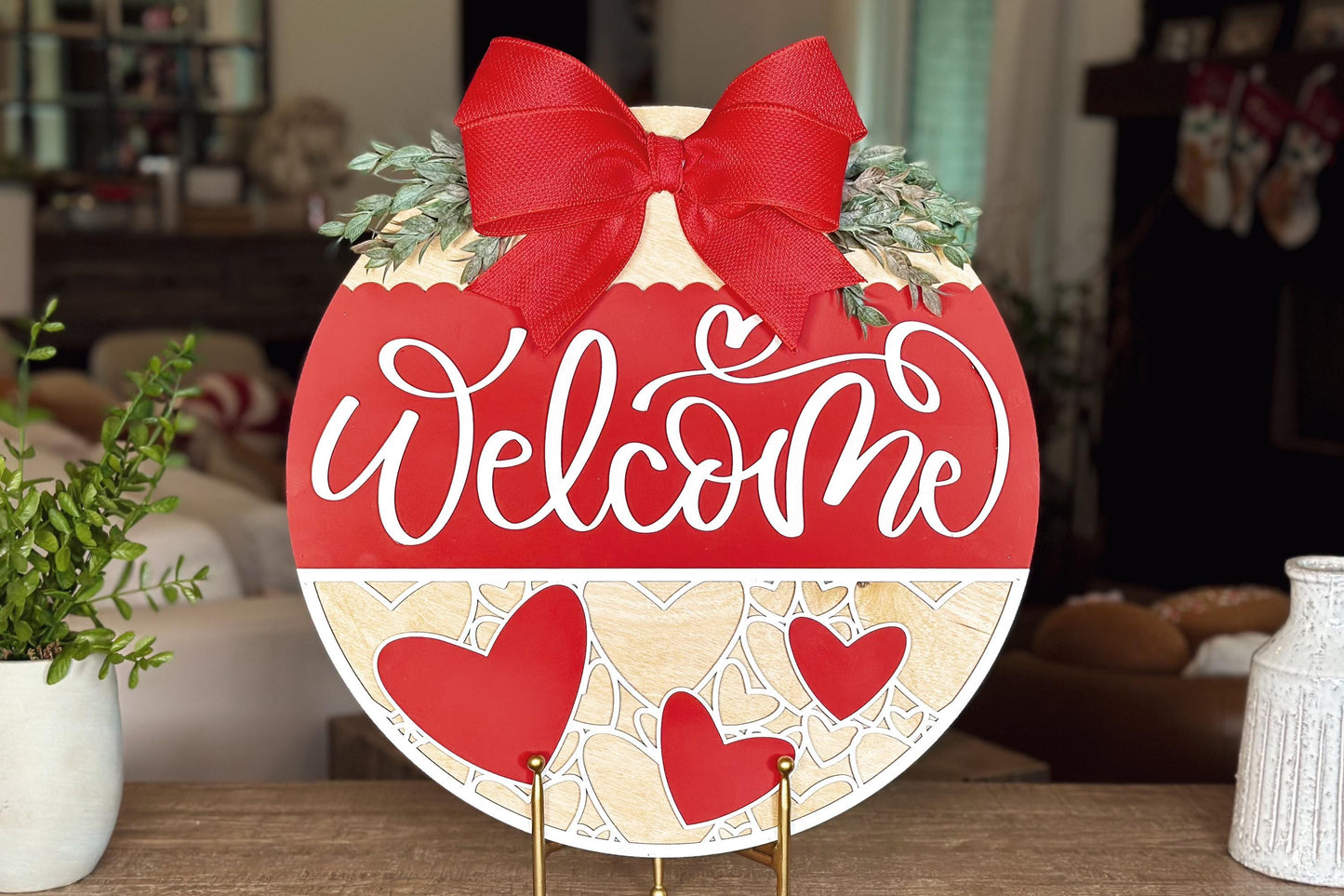 Welcome Sign SVG File, Heart Door Hanger Laser Cut Design, Round Valentine Door Sign, Love SVG for Glowforge, Xtool, Laser Cut File