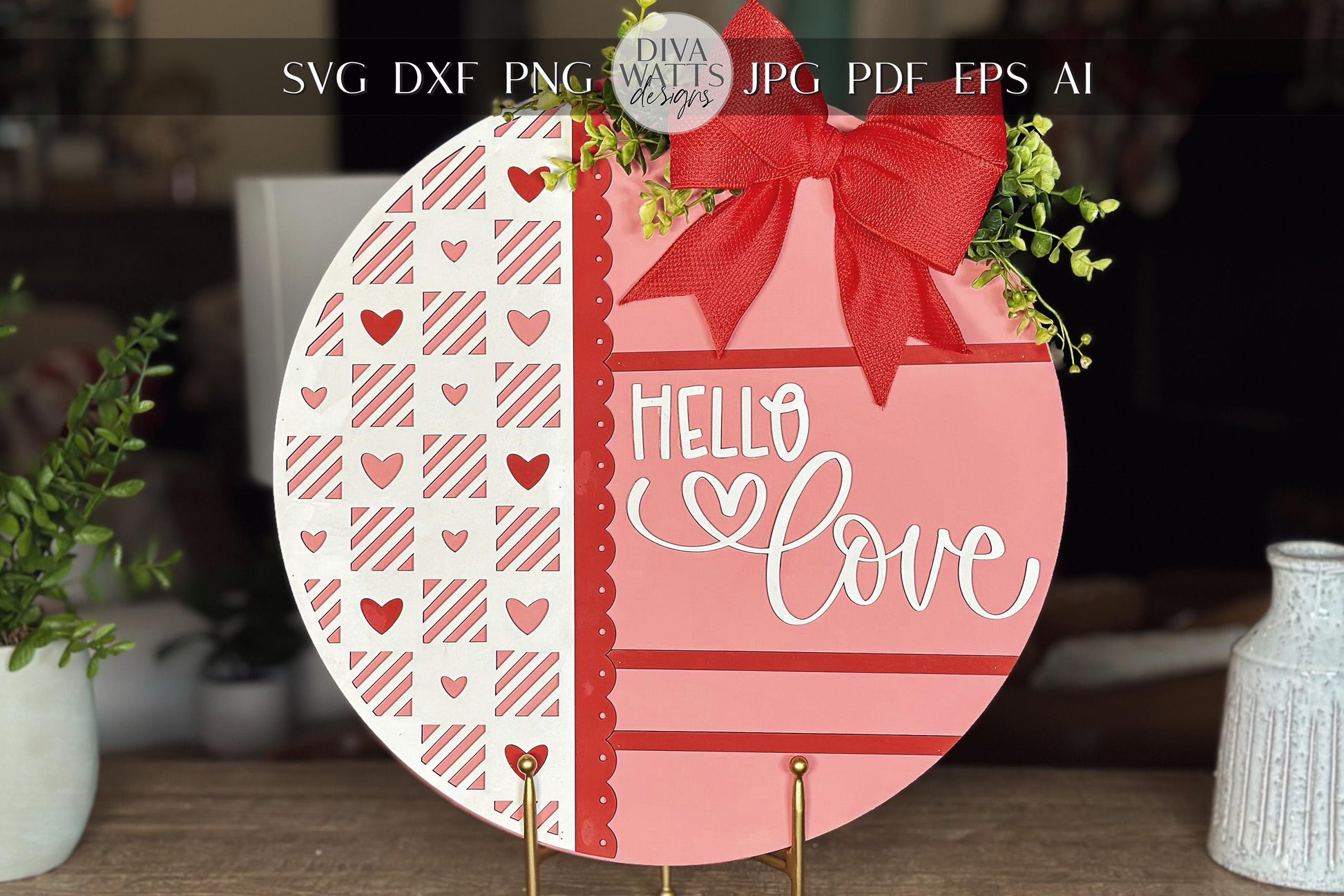Hello Love Round Door Hanger SVG, Laser Cut Valentine File, Heart Pattern Circle Sign, Glowforge Xtool Laser File, DIY Wood Decor