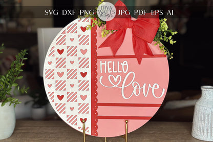 Hello Love Round Door Hanger SVG, Laser Cut Valentine File, Heart Pattern Circle Sign, Glowforge Xtool Laser File, DIY Wood Decor