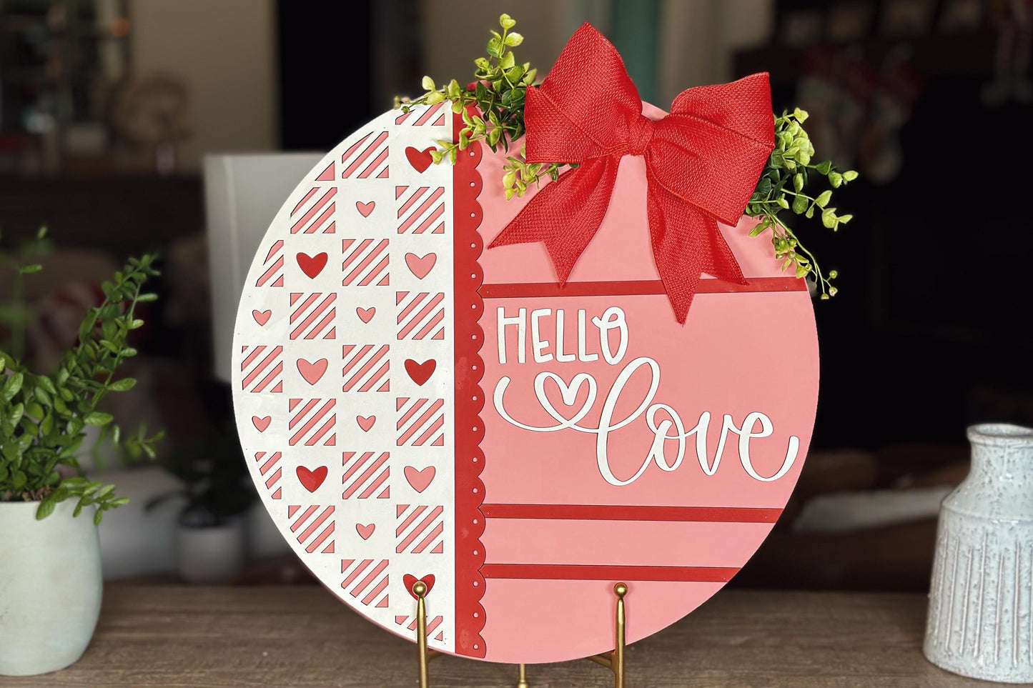 Hello Love Round Door Hanger SVG, Laser Cut Valentine File, Heart Pattern Circle Sign, Glowforge Xtool Laser File, DIY Wood Decor