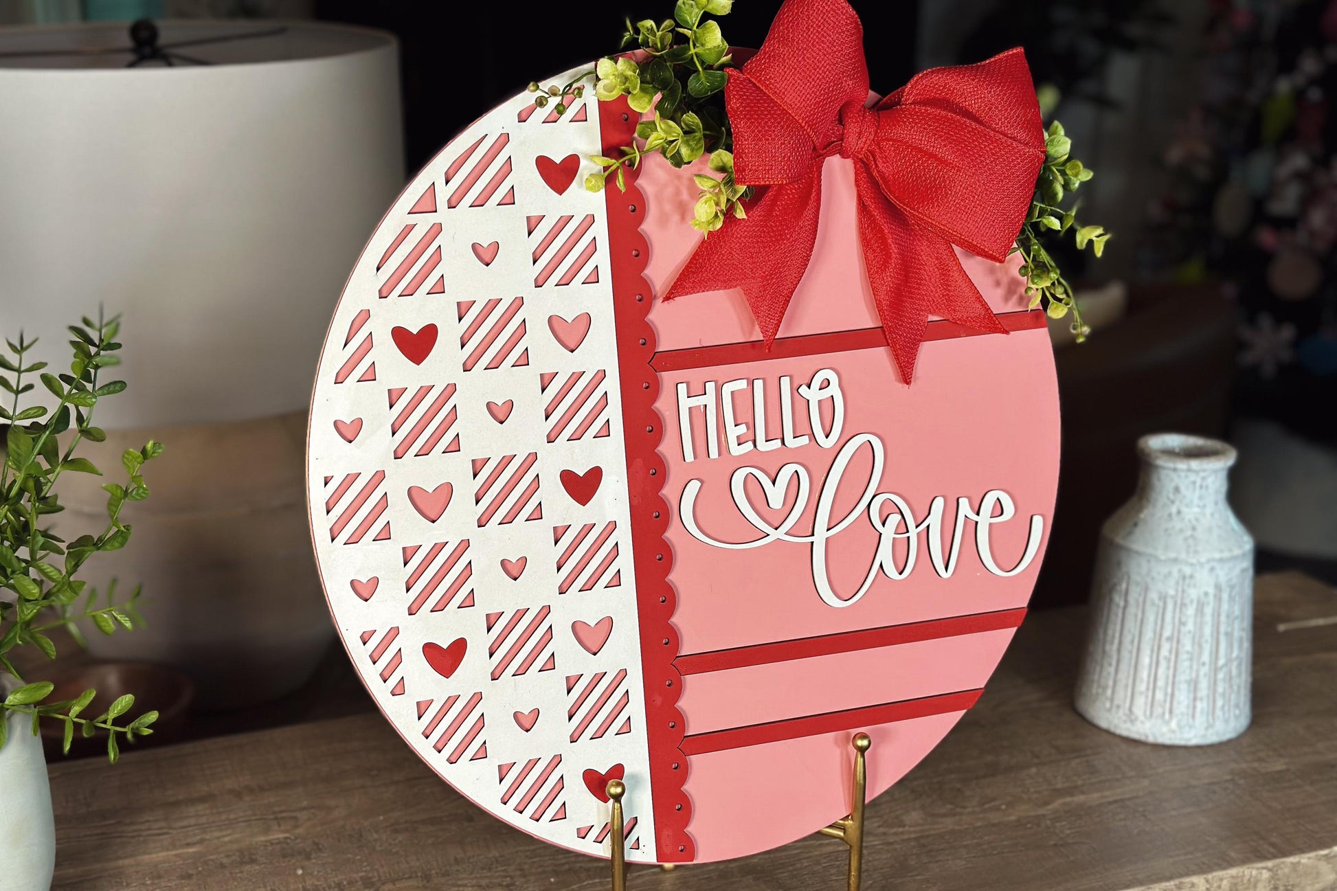 Hello Love Round Door Hanger SVG, Laser Cut Valentine File, Heart Pattern Circle Sign, Glowforge Xtool Laser File, DIY Wood Decor