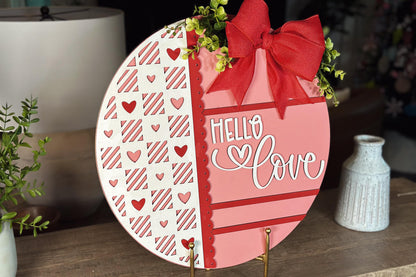 Hello Love Round Door Hanger SVG, Laser Cut Valentine File, Heart Pattern Circle Sign, Glowforge Xtool Laser File, DIY Wood Decor