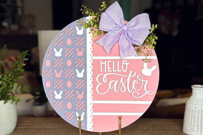 Hello Easter Round Door Hanger SVG, Laser Cut Bunny Pattern File, Easter Egg Circle Sign, Glowforge Xtool Laser File, DIY Wood Decor