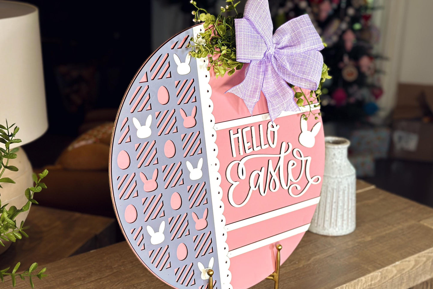 Hello Easter Round Door Hanger SVG, Laser Cut Bunny Pattern File, Easter Egg Circle Sign, Glowforge Xtool Laser File, DIY Wood Decor