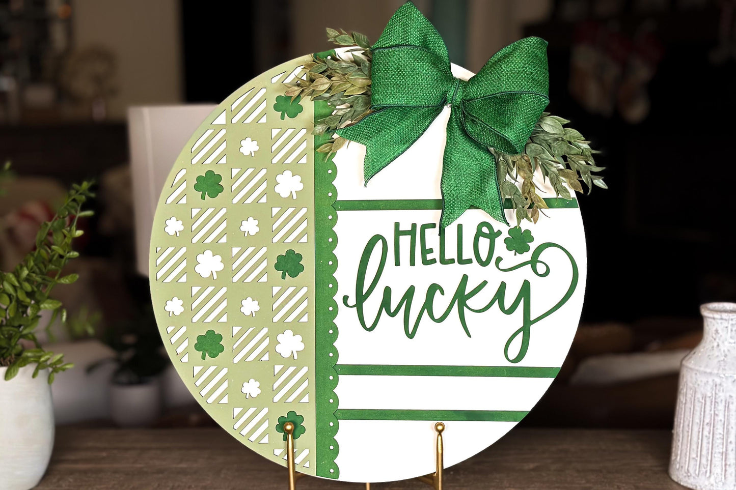 Hello Lucky Round Door Hanger SVG, Laser Cut Shamrock Pattern File, St. Patrick’s Day Circle Sign, Glowforge Xtool Laser File, DIY Decor