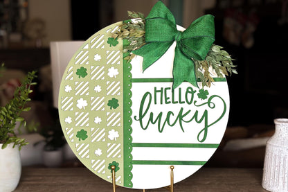 Hello Lucky Round Door Hanger SVG, Laser Cut Shamrock Pattern File, St. Patrick’s Day Circle Sign, Glowforge Xtool Laser File, DIY Decor