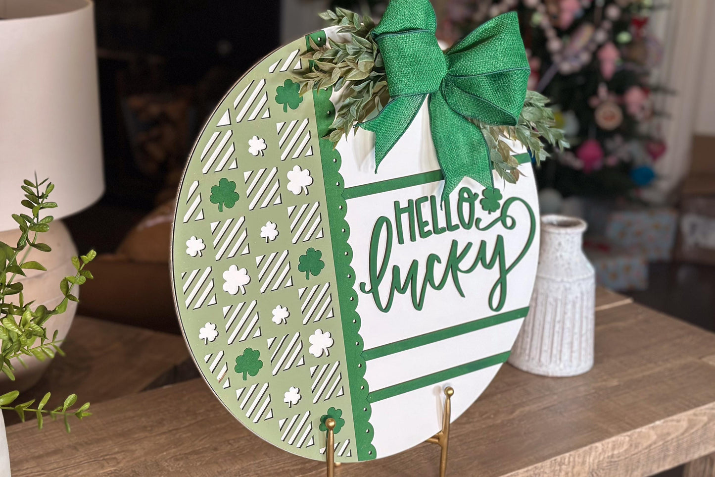 Hello Lucky Round Door Hanger SVG, Laser Cut Shamrock Pattern File, St. Patrick’s Day Circle Sign, Glowforge Xtool Laser File, DIY Decor