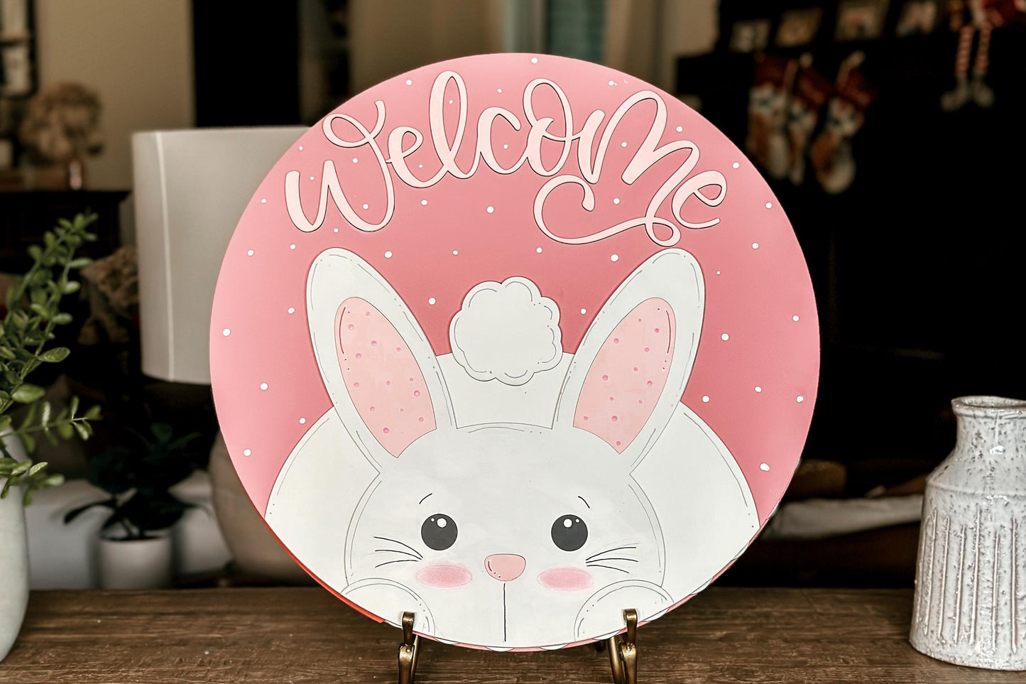 Easter Bunny Welcome Sign SVG, Laser Cut File for Glowforge, Cute Spring Door Hanger Design, Rabbit Welcome Sign Template