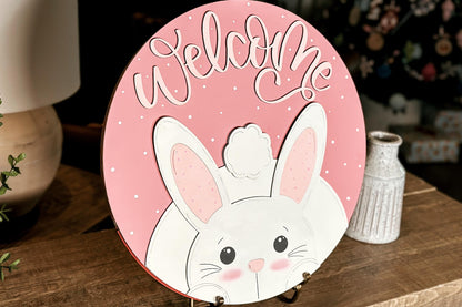 Easter Bunny Welcome Sign SVG, Laser Cut File for Glowforge, Cute Spring Door Hanger Design, Rabbit Welcome Sign Template
