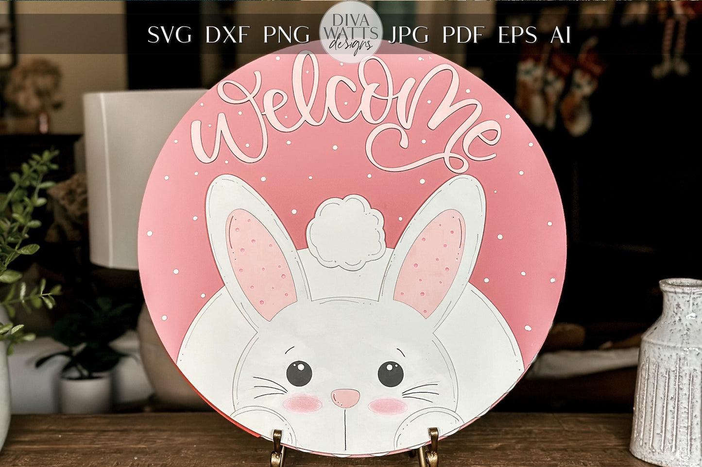 Easter Bunny Welcome Sign SVG, Laser Cut File for Glowforge, Cute Spring Door Hanger Design, Rabbit Welcome Sign Template