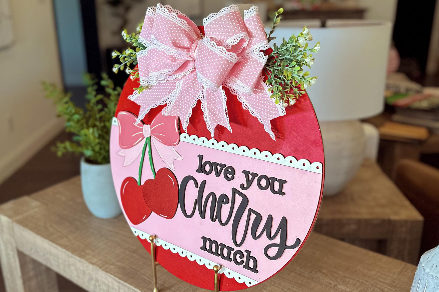 Love You Cherry Much SVG Laser Cut File, Valentine's Day Door Hanger Template, Round Door Sign Design, Glowforge & Xtool Compatible