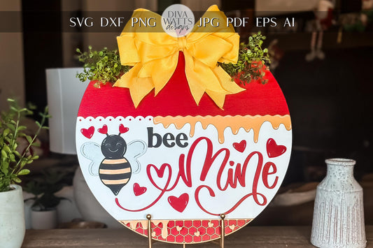 Bee Mine Valentine's Day SVG Laser Cut File, Honeycomb Door Hanger Template, Round Sign Design, Glowforge & Xtool Compatible
