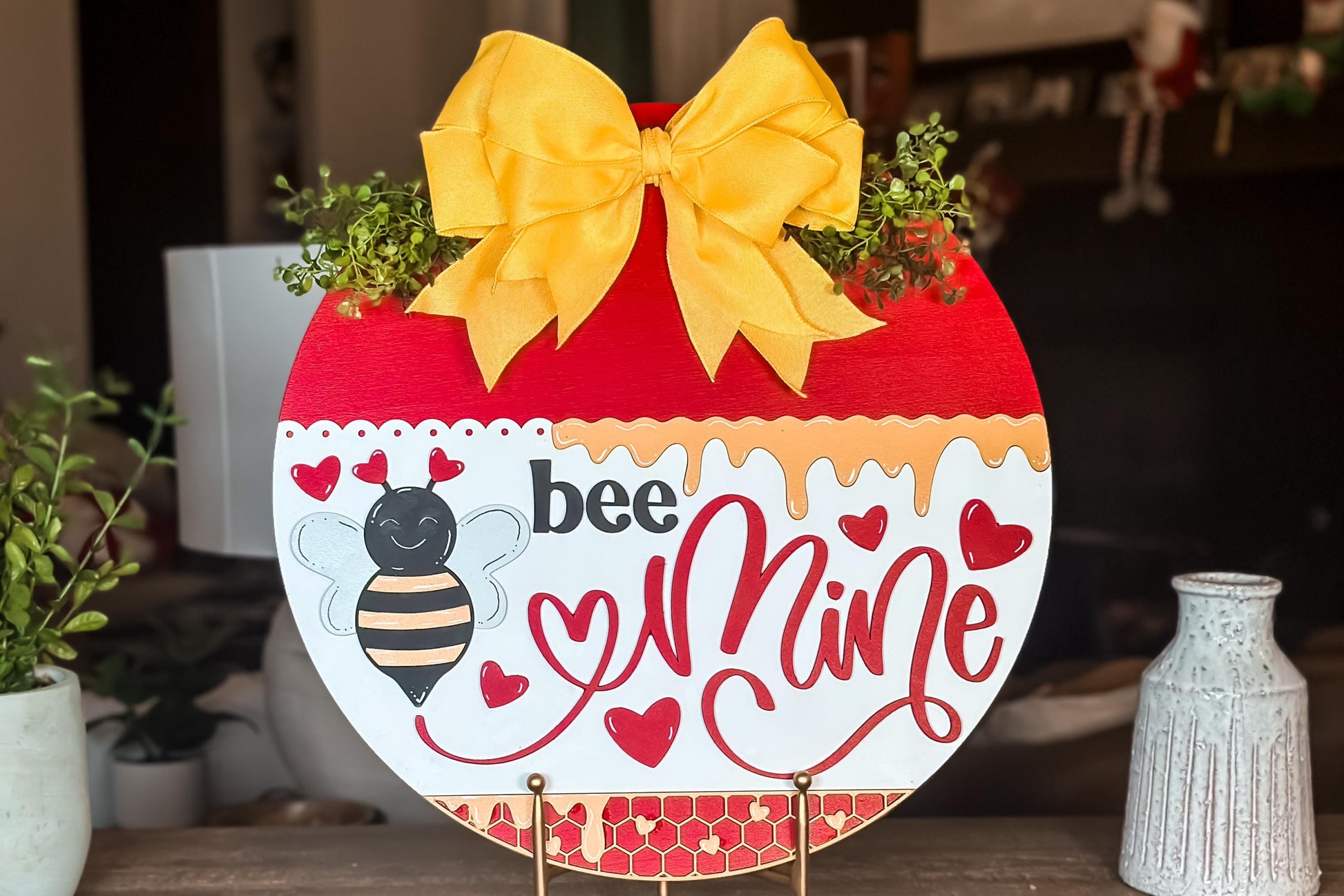 Bee Mine Valentine's Day SVG Laser Cut File, Honeycomb Door Hanger Template, Round Sign Design, Glowforge & Xtool Compatible