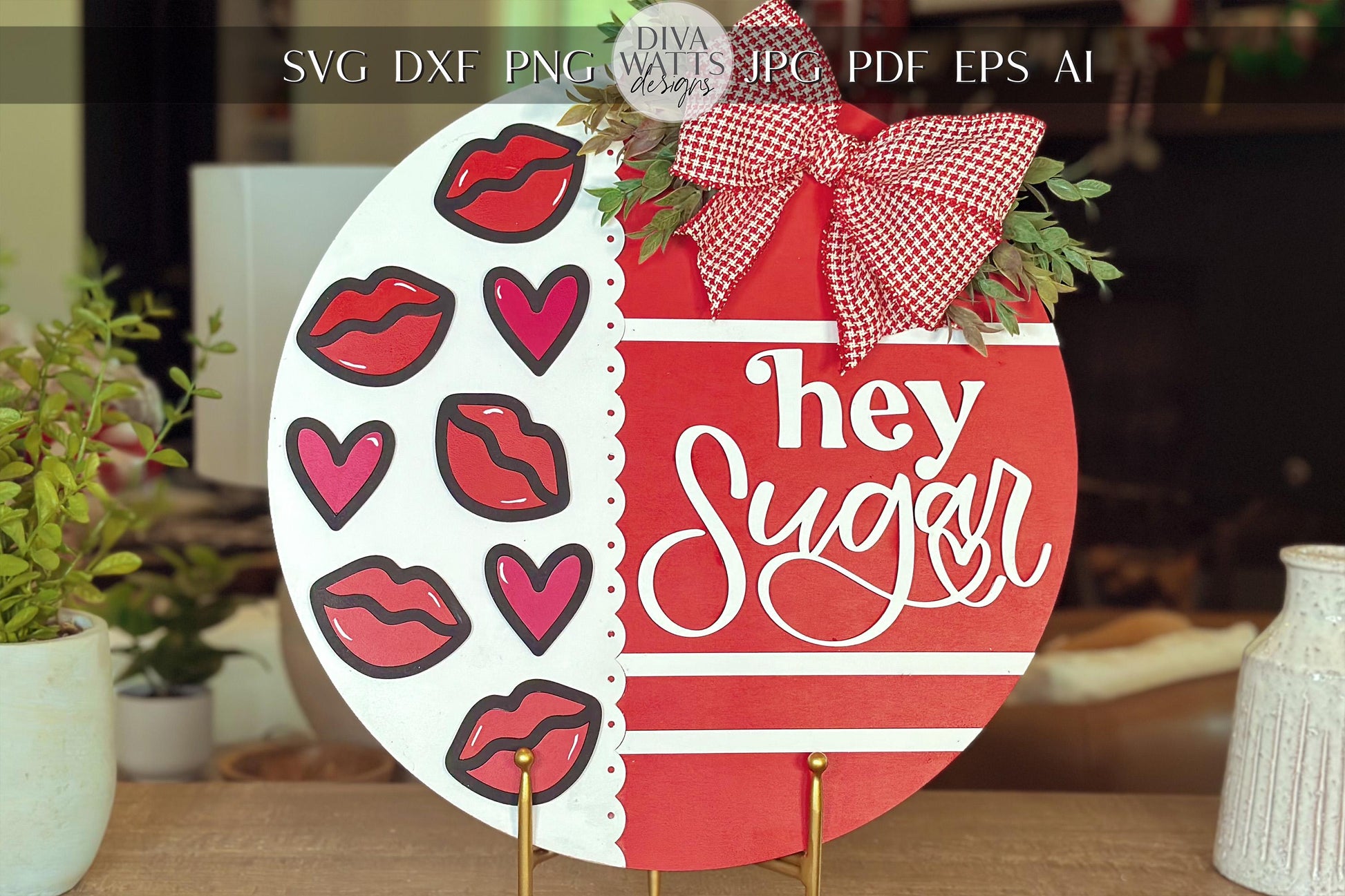 Hey Sugar SVG Laser Cut File, Valentine's Day Door Hanger Template, Kiss and Heart Round Sign Design, Glowforge & Xtool Compatible