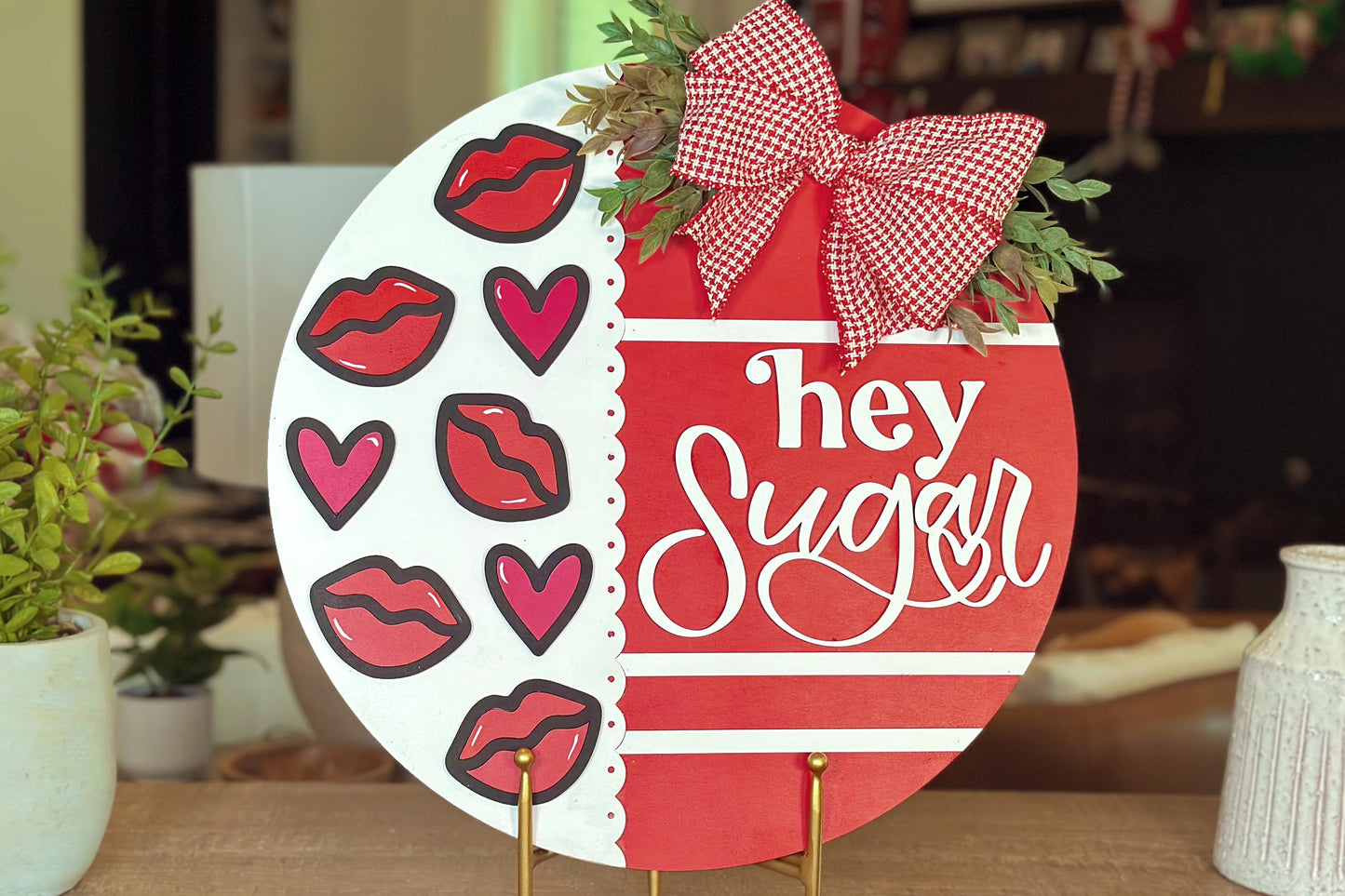 Hey Sugar SVG Laser Cut File, Valentine's Day Door Hanger Template, Kiss and Heart Round Sign Design, Glowforge & Xtool Compatible