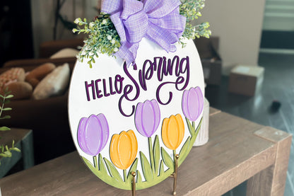 Hello Spring SVG Laser Cut File, Tulip Door Hanger Template, Round Spring Sign Design, Glowforge & Xtool Compatible