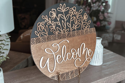 Welcome Floral SVG Laser Cut File, Elegant Geometric Door Hanger Template, Modern Round Sign Design for Glowforge & Xtool