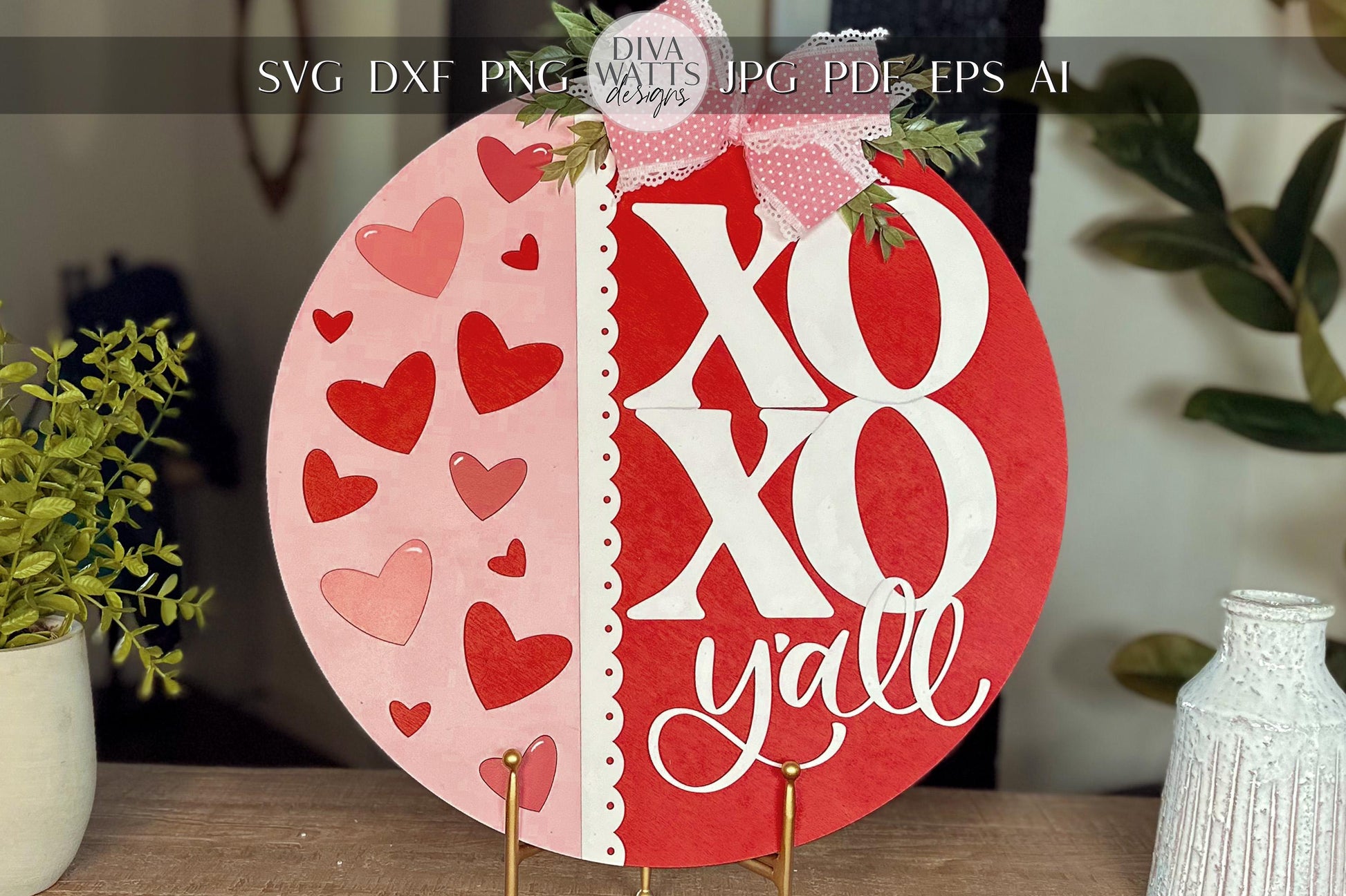Valentine's Day XO Y'all Door Hanger SVG | Heart Cutout Laser File | Round Wood Sign Template | DIY Valentine Decor svg