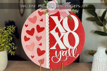 Valentine's Day XO Y'all Door Hanger SVG | Heart Cutout Laser File | Round Wood Sign Template | DIY Valentine Decor svg