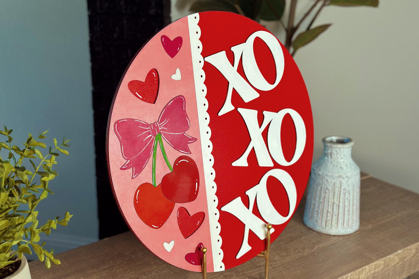 Valentine's Day XOXOXO Door Hanger SVG | Heart-Shaped Cherries with Bow | Laser Cut File with Scalloped Edge | DIY Valentine Decor