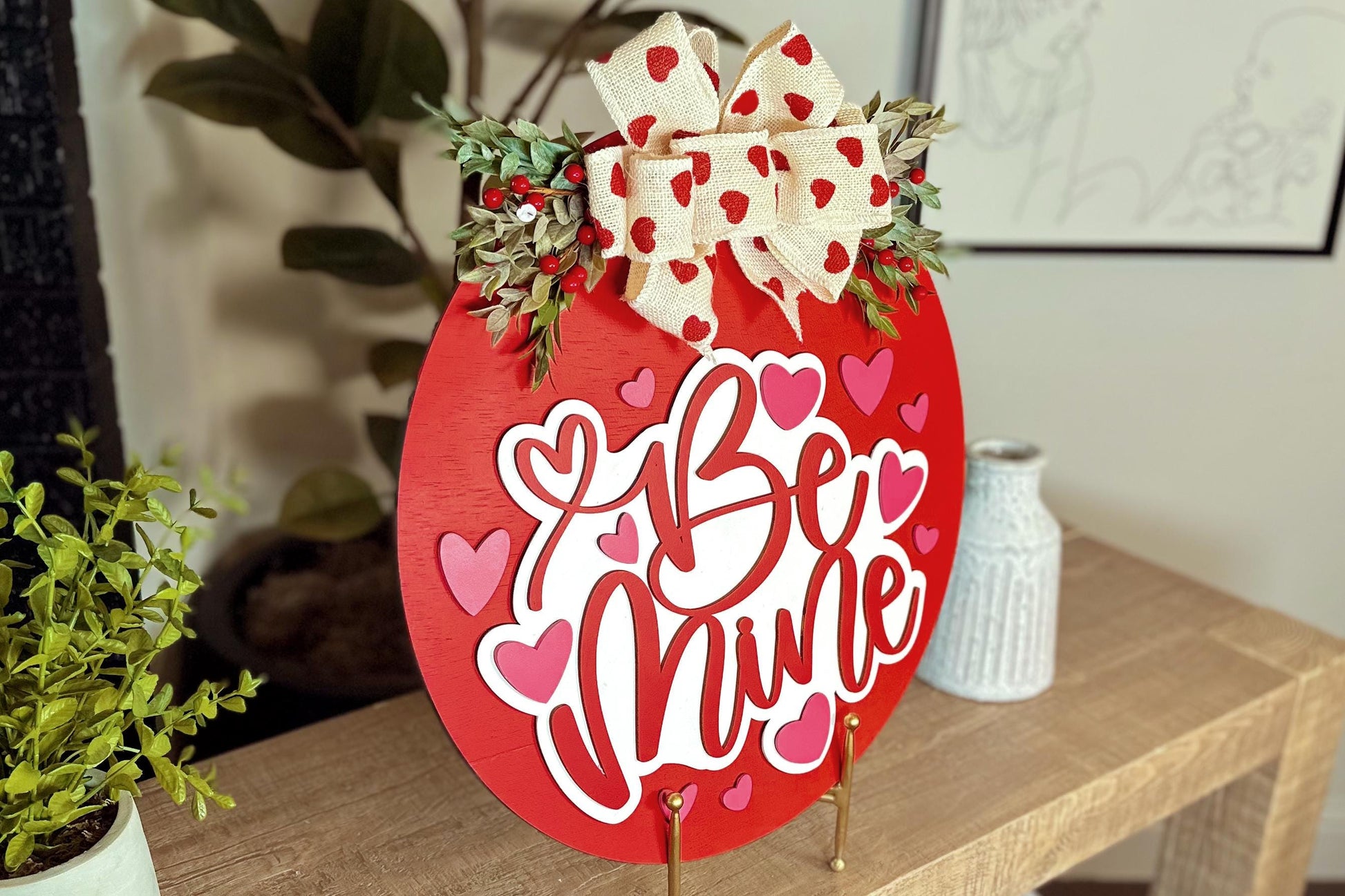 Valentine’s Day Be Mine Door Hanger SVG | Heart Cutouts and Bow Design | Laser Cut File for DIY Round Wood Sign