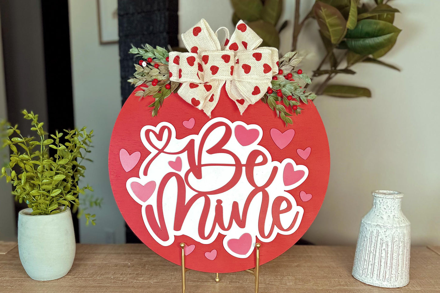 Valentine’s Day Be Mine Door Hanger SVG | Heart Cutouts and Bow Design | Laser Cut File for DIY Round Wood Sign