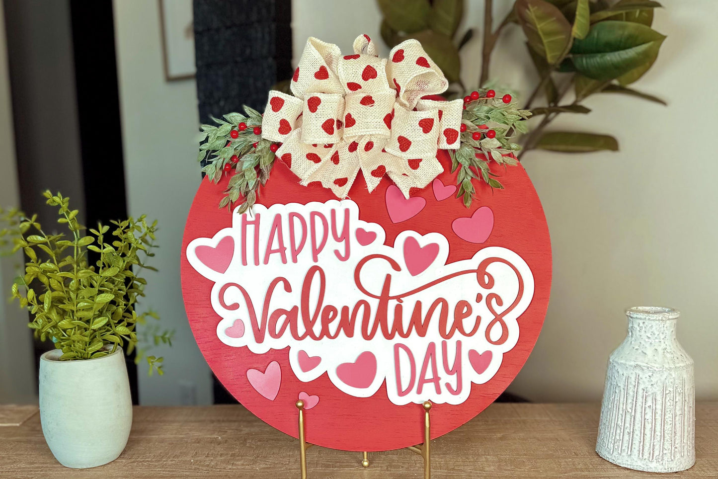 Happy Valentine’s Day Door Hanger SVG | Laser Cut File with Heart Cutouts | DIY Round Wood Sign Template | Glowforge svg | Round Sign svg