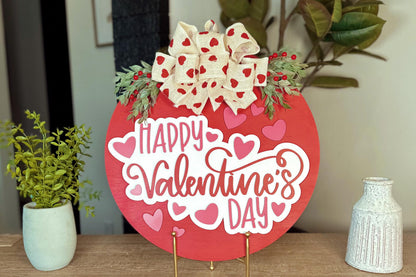 Happy Valentine’s Day Door Hanger SVG | Laser Cut File with Heart Cutouts | DIY Round Wood Sign Template | Glowforge svg | Round Sign svg