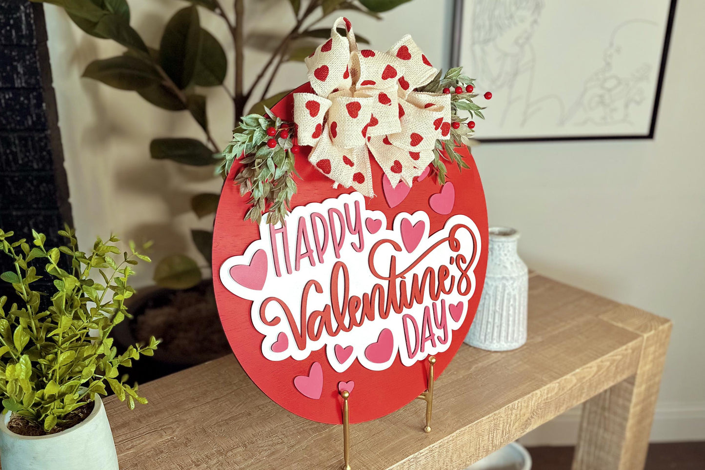 Happy Valentine’s Day Door Hanger SVG | Laser Cut File with Heart Cutouts | DIY Round Wood Sign Template | Glowforge svg | Round Sign svg
