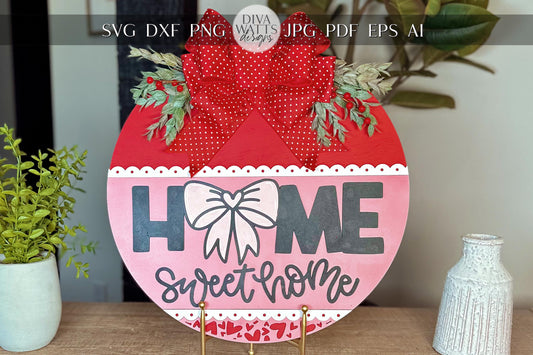Home Sweet Home Round Door Hanger SVG | Laser Cut File with Bow and Scalloped Edge Design | DIY Wood Sign Template| Glowforge SVG
