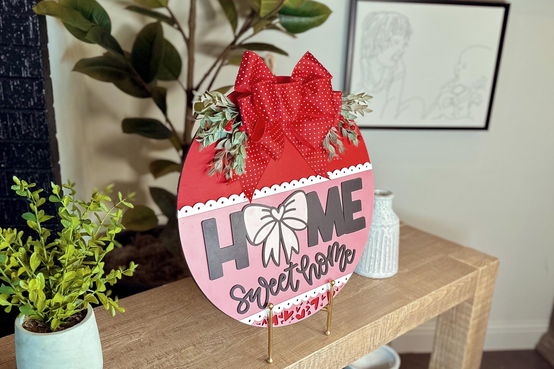 Home Sweet Home Round Door Hanger SVG | Laser Cut File with Bow and Scalloped Edge Design | DIY Wood Sign Template| Glowforge SVG