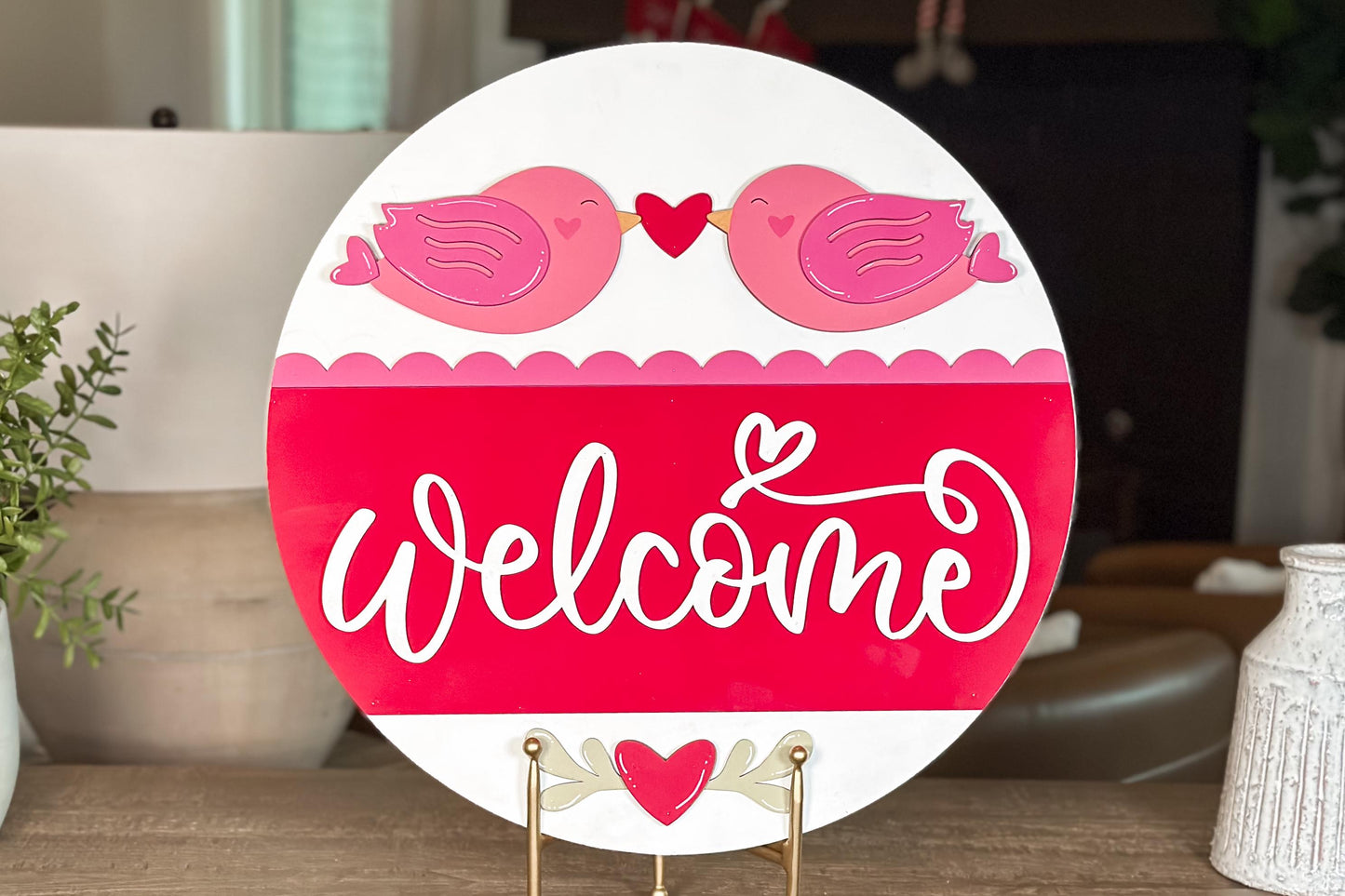 Welcome Round Door Hanger SVG, Lovebirds Laser File, Valentine's Day Layered Design for Glowforge and Xtool