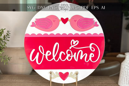 Welcome Round Door Hanger SVG, Lovebirds Laser File, Valentine's Day Layered Design for Glowforge and Xtool