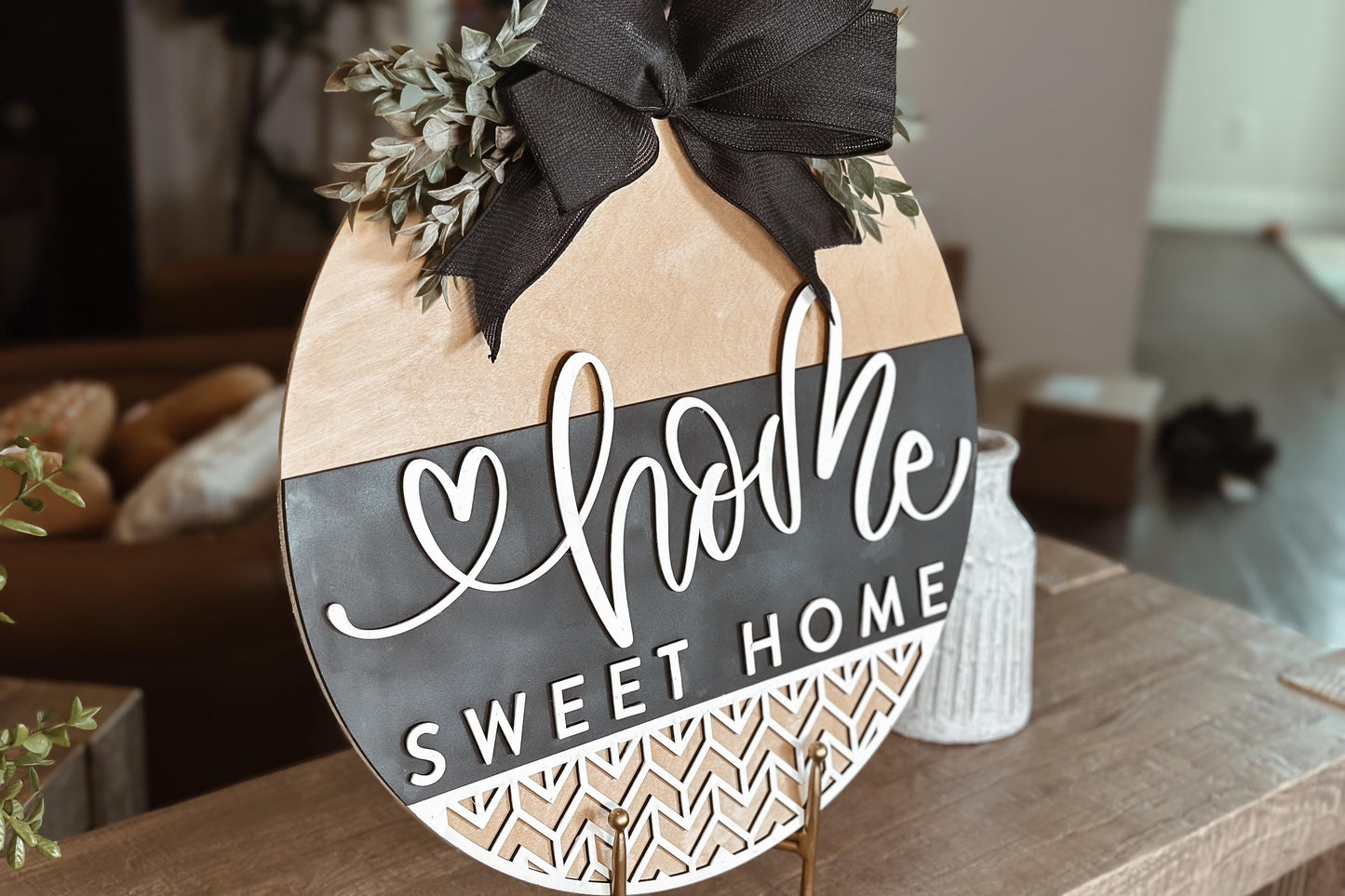 Home Sweet Home Round Door Hanger SVG, Modern Farmhouse Laser File, Layered Wood Sign Design for Glowforge and Xtool | Geometric Sign SVG