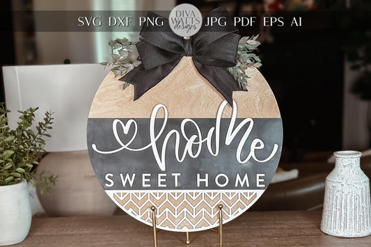 Home Sweet Home Round Door Hanger SVG, Modern Farmhouse Laser File, Layered Wood Sign Design for Glowforge and Xtool | Geometric Sign SVG