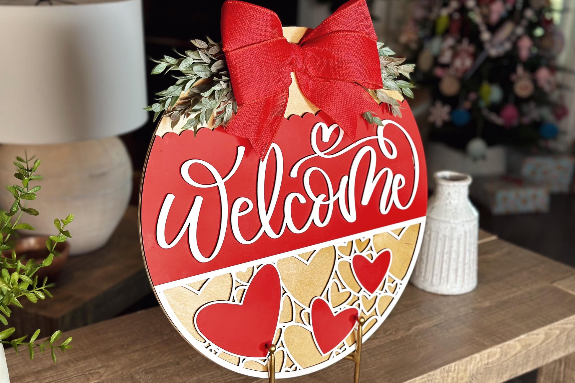 Welcome Sign SVG File, Heart Door Hanger Laser Cut Design, Round Valentine Door Sign, Love SVG for Glowforge, Xtool, Laser Cut File
