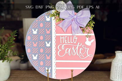 Hello Easter Round Door Hanger SVG, Laser Cut Bunny Pattern File, Easter Egg Circle Sign, Glowforge Xtool Laser File, DIY Wood Decor