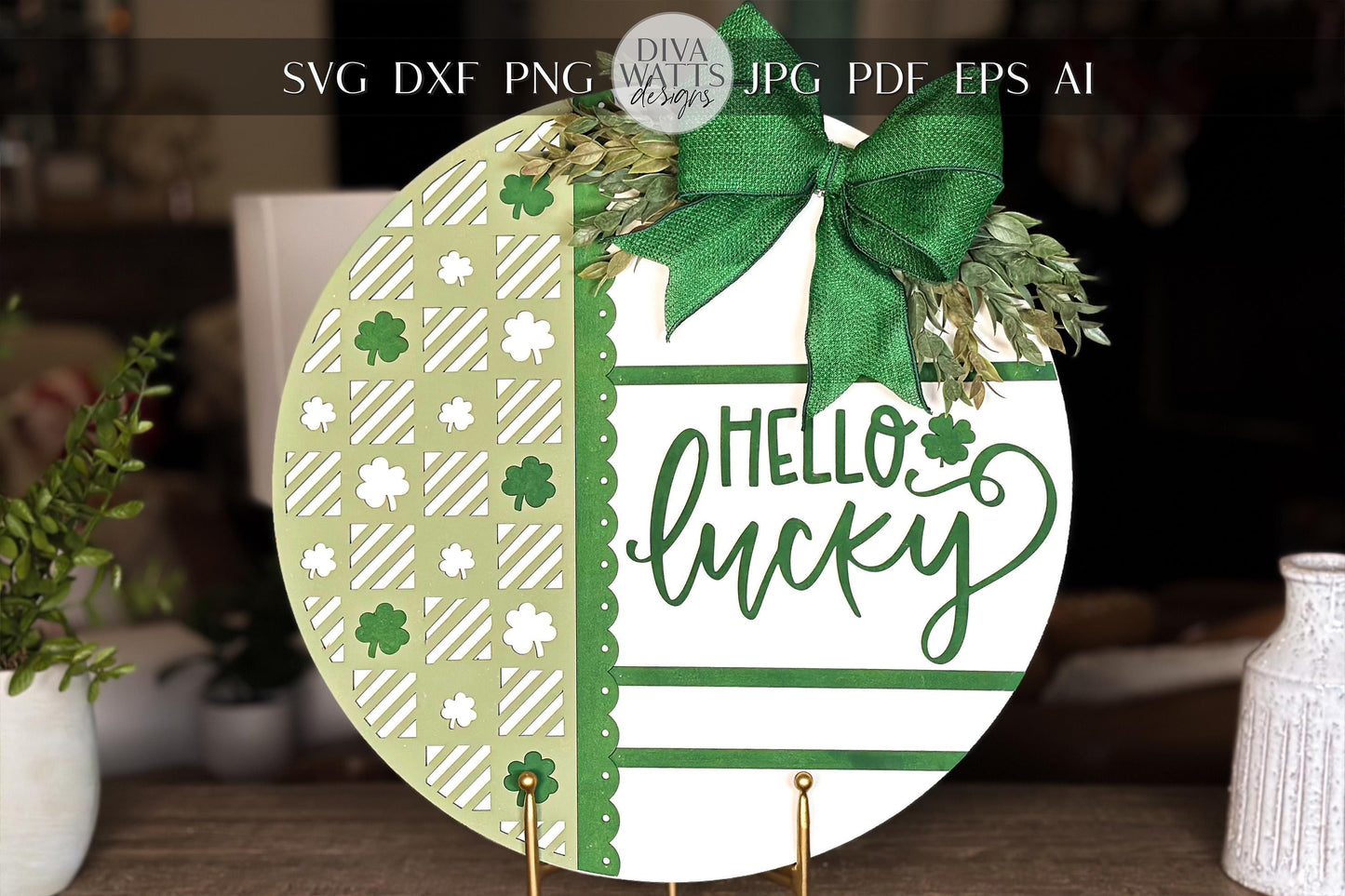 Hello Lucky Round Door Hanger SVG, Laser Cut Shamrock Pattern File, St. Patrick’s Day Circle Sign, Glowforge Xtool Laser File, DIY Decor