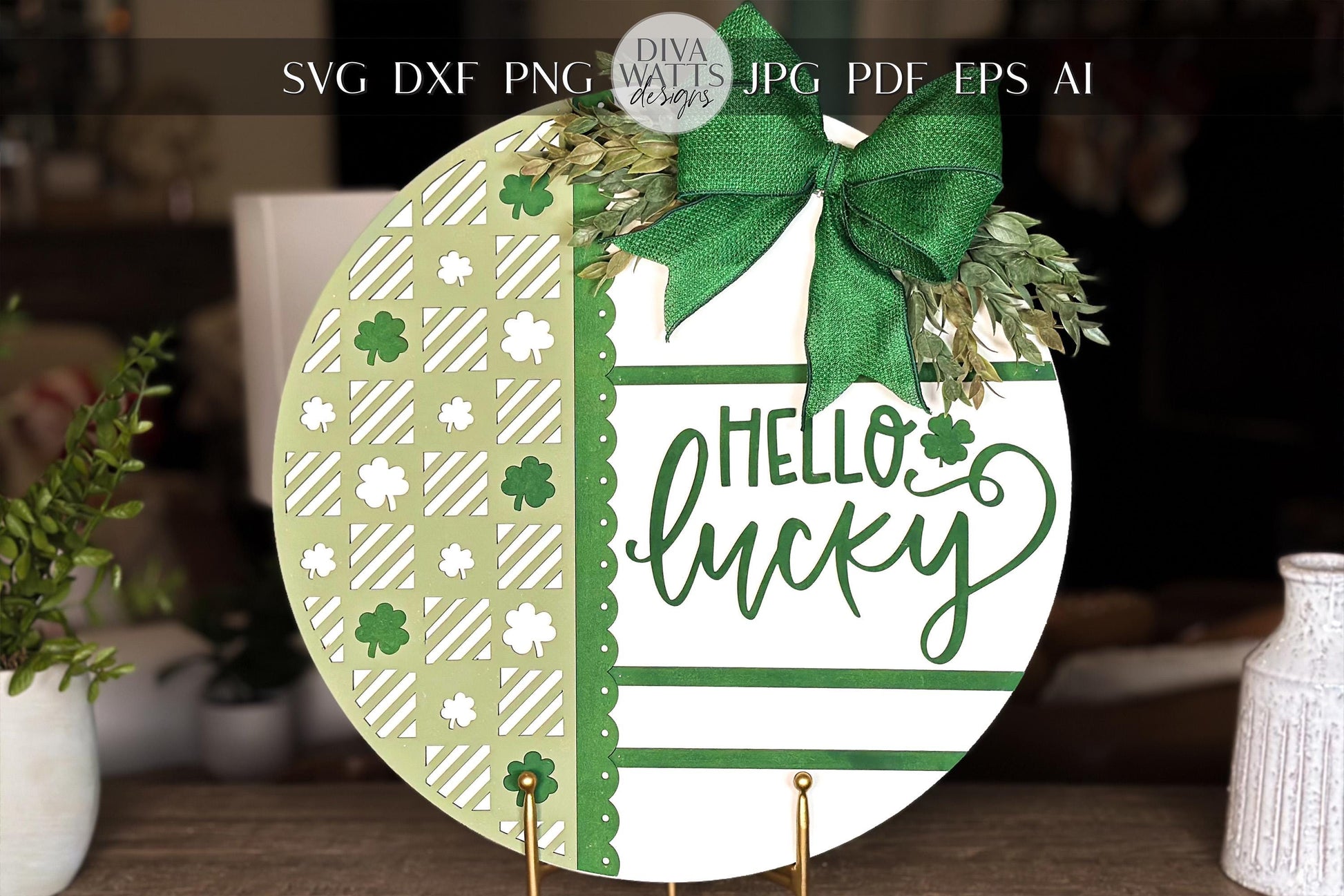 Hello Lucky Round Door Hanger SVG, Laser Cut Shamrock Pattern File, St. Patrick’s Day Circle Sign, Glowforge Xtool Laser File, DIY Decor
