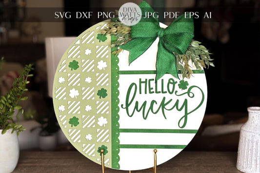 Hello Lucky Round Door Hanger SVG, Laser Cut Shamrock Pattern File, St. Patrick’s Day Circle Sign, Glowforge Xtool Laser File, DIY Decor
