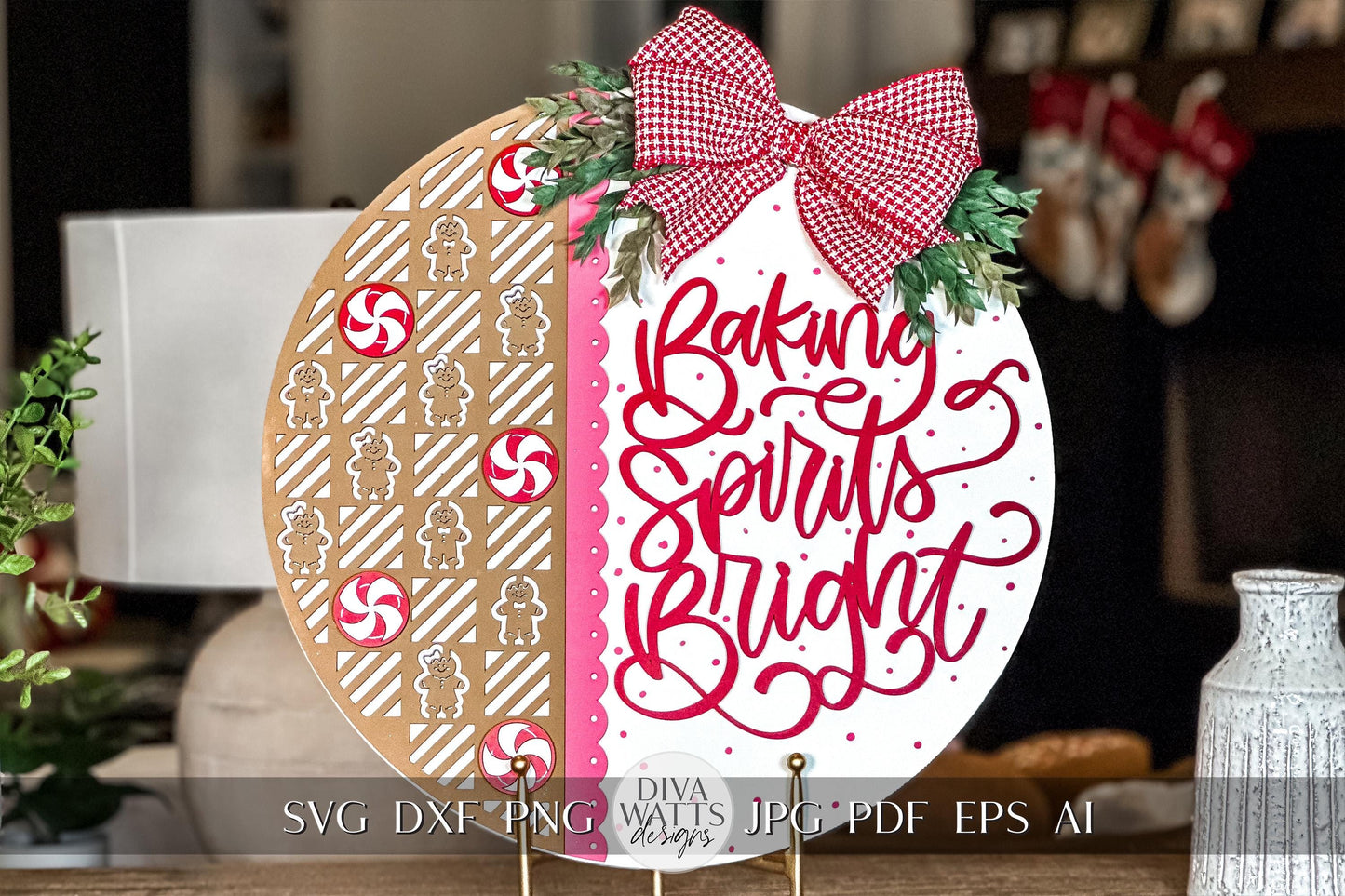 Baking Spirits Bright" Christmas Door Hanger SVG, Gingerbread and Peppermint Laser Cut File, Holiday Sign SVG for Glowforge