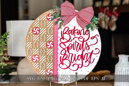 Baking Spirits Bright" Christmas Door Hanger SVG, Gingerbread and Peppermint Laser Cut File, Holiday Sign SVG for Glowforge