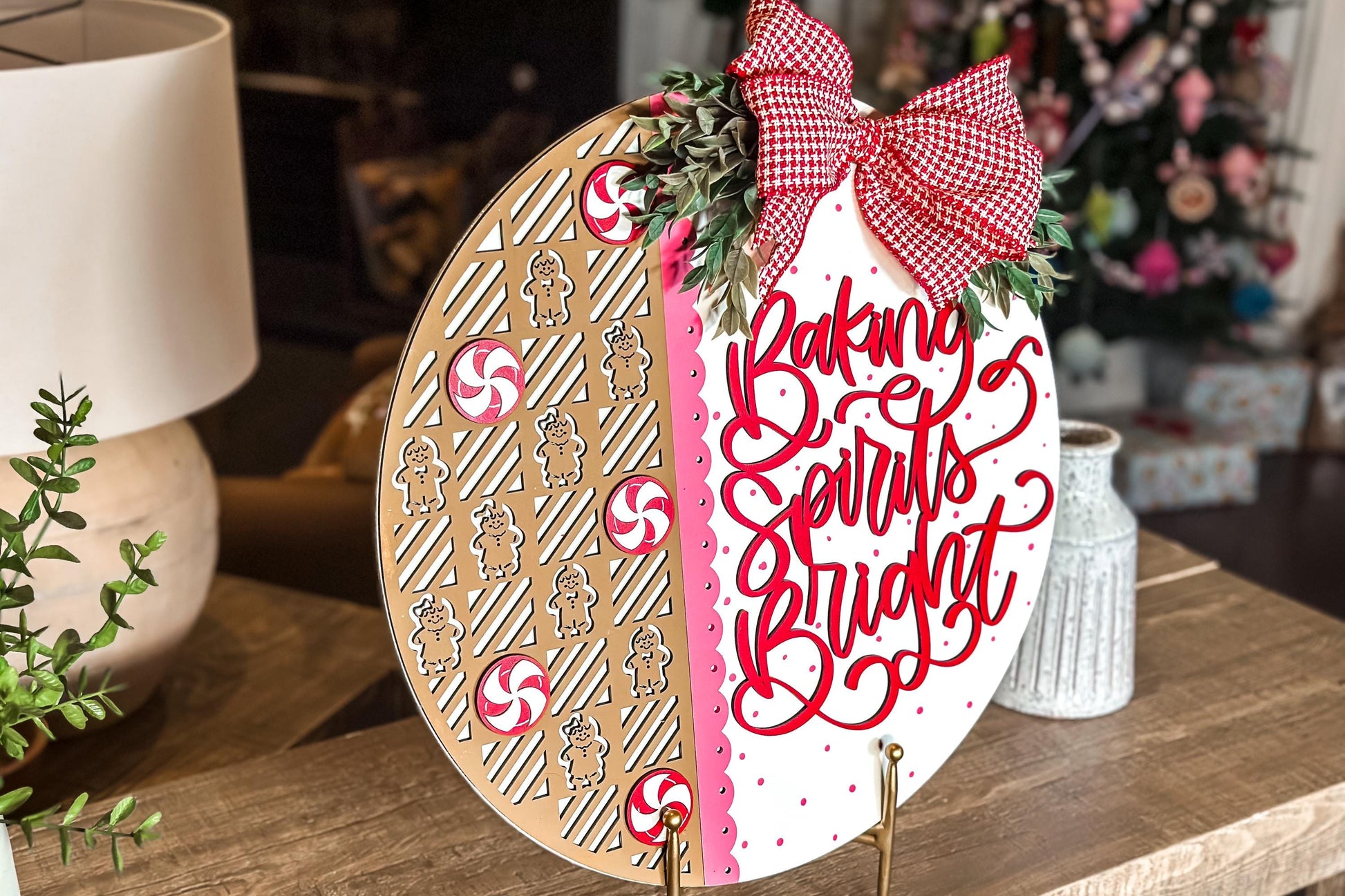 Baking Spirits Bright" Christmas Door Hanger SVG, Gingerbread and Peppermint Laser Cut File, Holiday Sign SVG for Glowforge