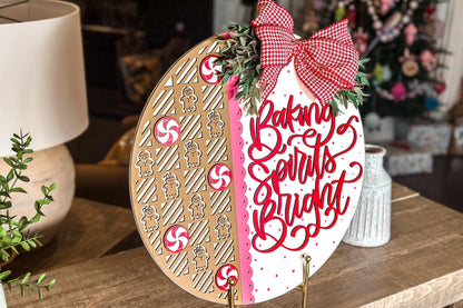 Baking Spirits Bright" Christmas Door Hanger SVG, Gingerbread and Peppermint Laser Cut File, Holiday Sign SVG for Glowforge