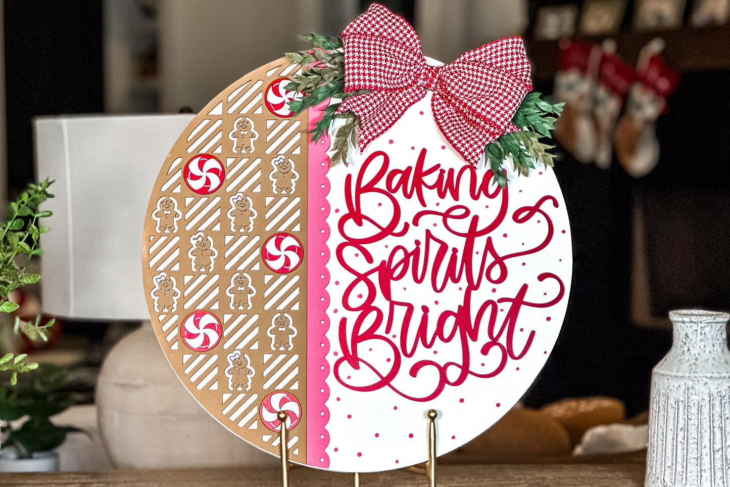 Baking Spirits Bright" Christmas Door Hanger SVG, Gingerbread and Peppermint Laser Cut File, Holiday Sign SVG for Glowforge