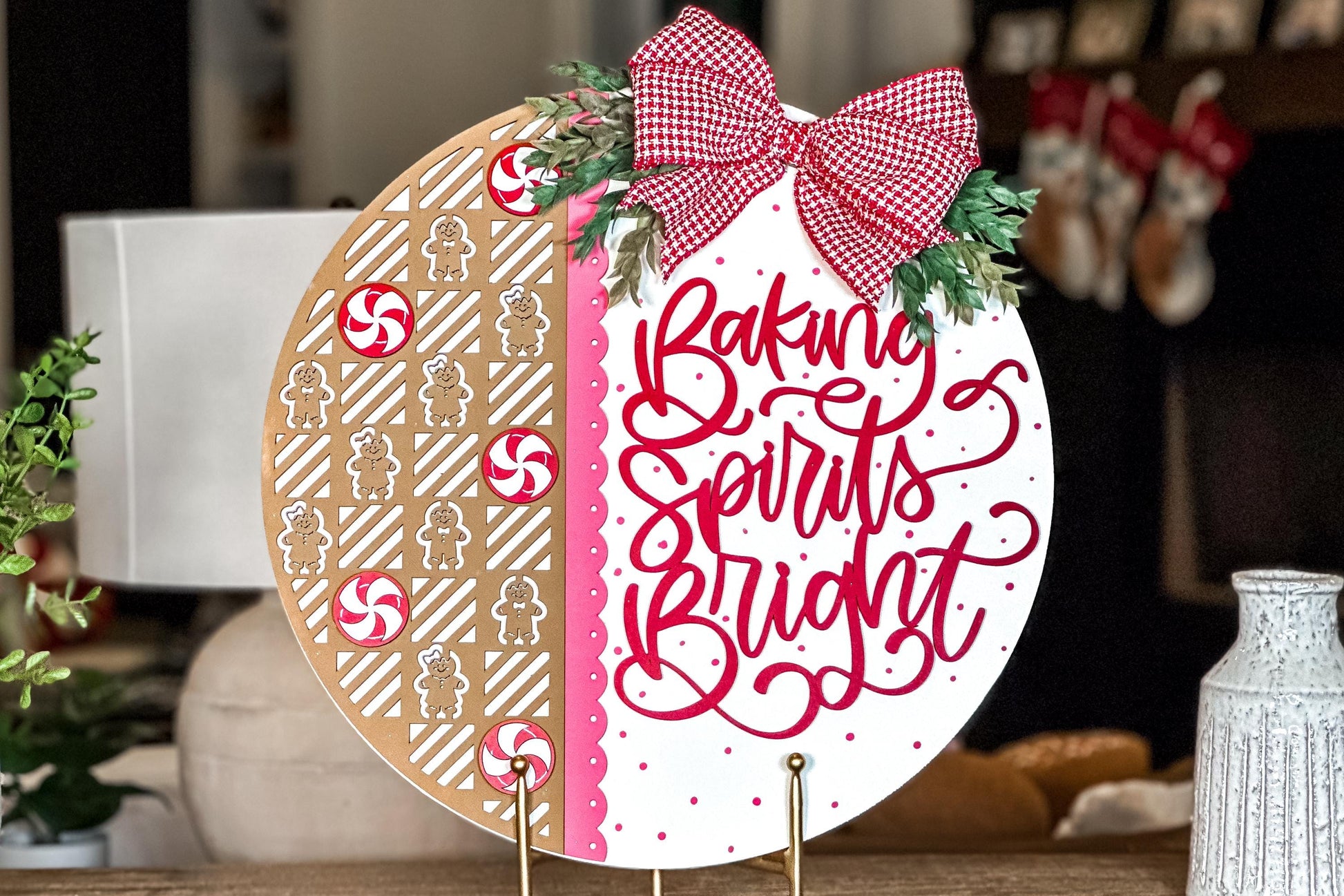 Baking Spirits Bright" Christmas Door Hanger SVG, Gingerbread and Peppermint Laser Cut File, Holiday Sign SVG for Glowforge