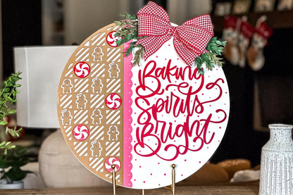 Baking Spirits Bright" Christmas Door Hanger SVG, Gingerbread and Peppermint Laser Cut File, Holiday Sign SVG for Glowforge